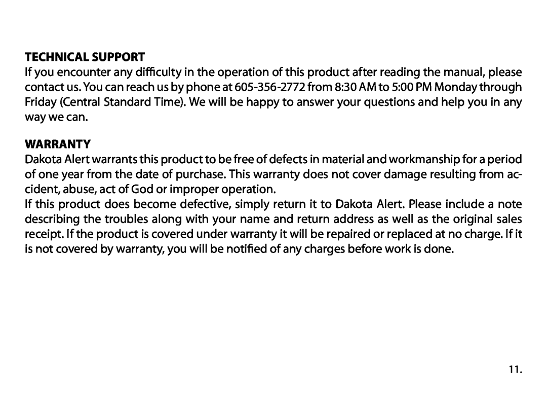 Dakota Alert DCMT-2500, Dakota Alert owner manual Technical Support, Warranty 