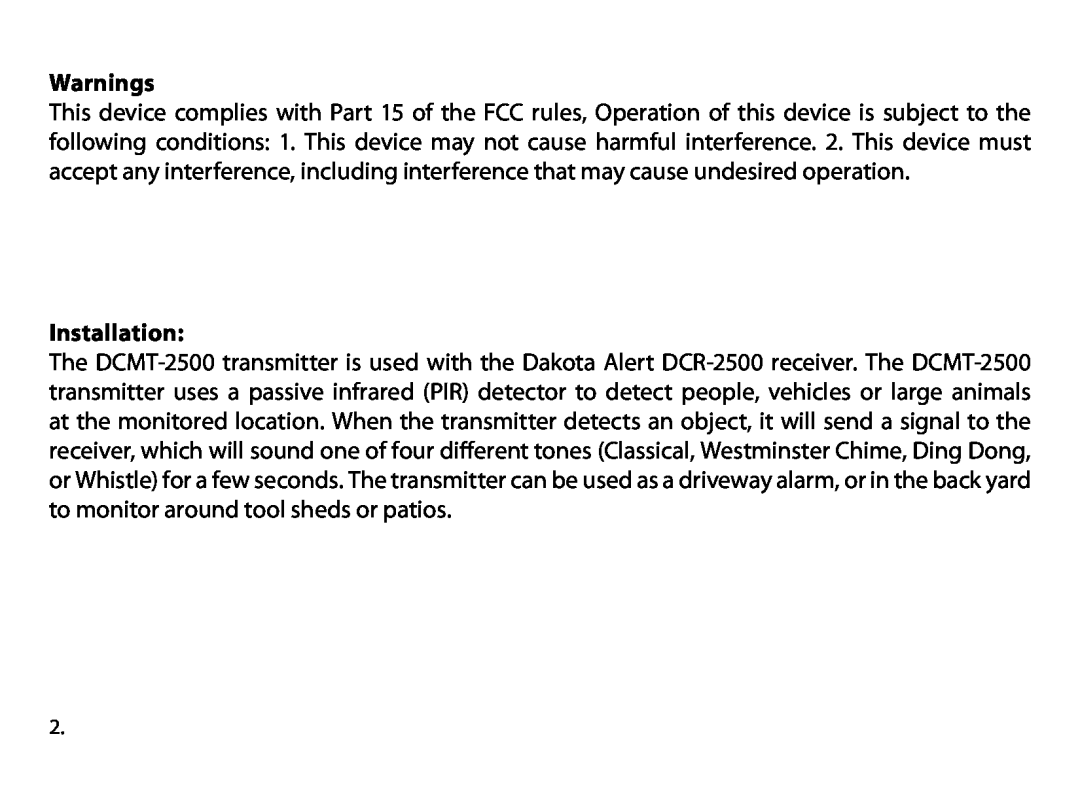 Dakota Alert Dakota Alert, DCMT-2500 owner manual Warnings, Installation 