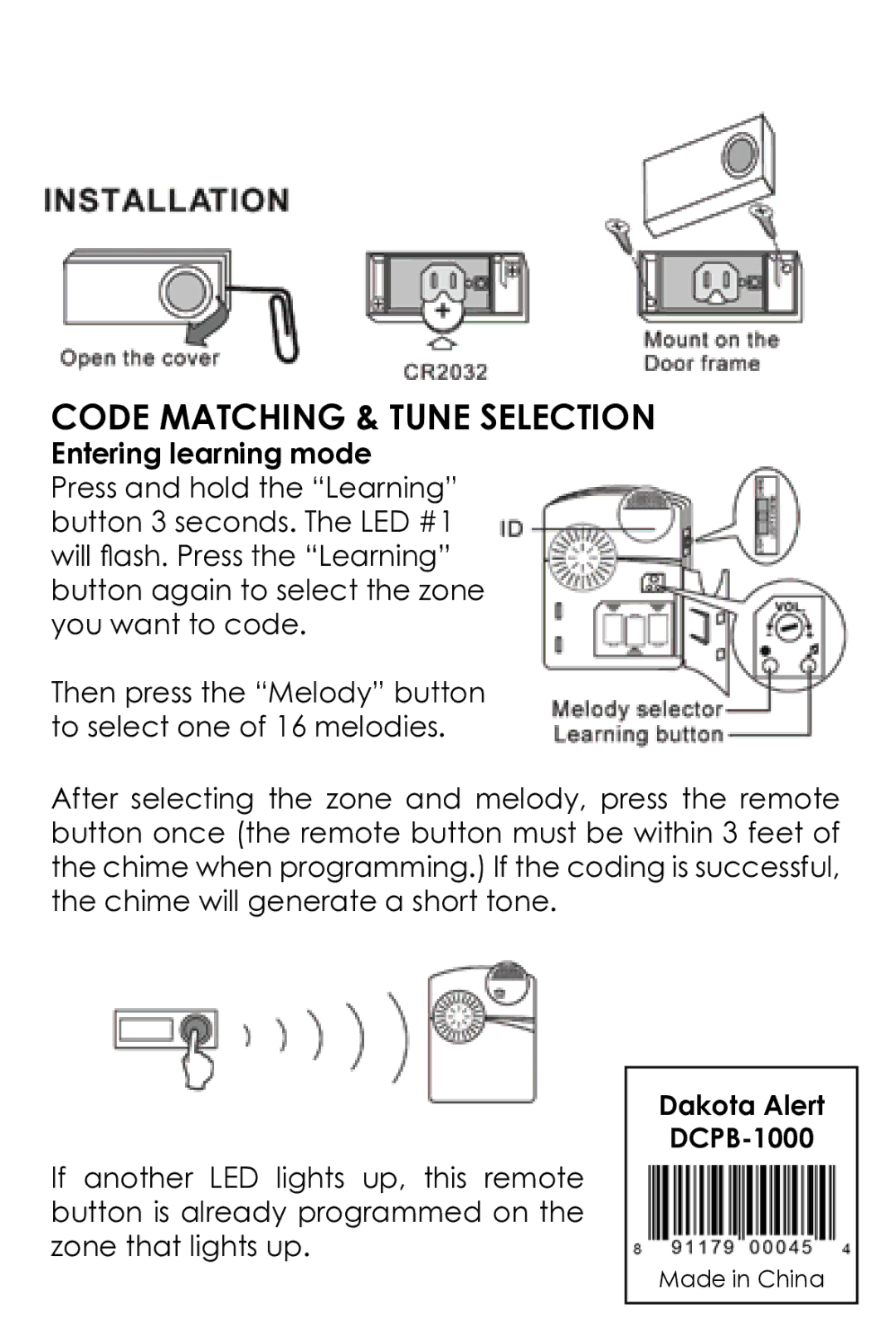 Dakota Alert manual Code Matching & Tune Selection, Entering learning mode, Dakota Alert DCPB-1000 