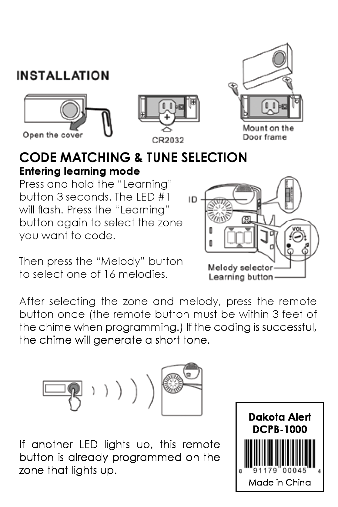 Dakota Alert manual Code Matching & Tune Selection, Entering learning mode, Dakota Alert DCPB-1000 