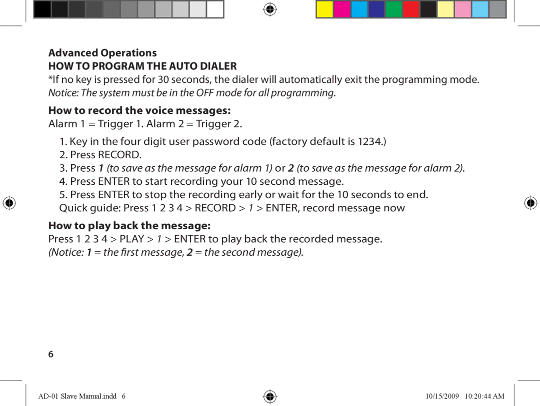 Dakota Alert ad-01 slave owner manual Advanced Operations How to program the Auto Dialer, How to play back the message 