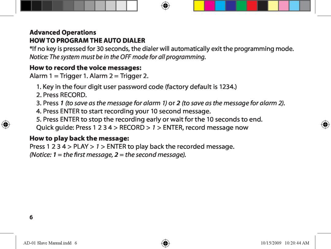 Dakota Alert ad-01 slave owner manual Advanced Operations, How to program the Auto Dialer, How to play back the message 