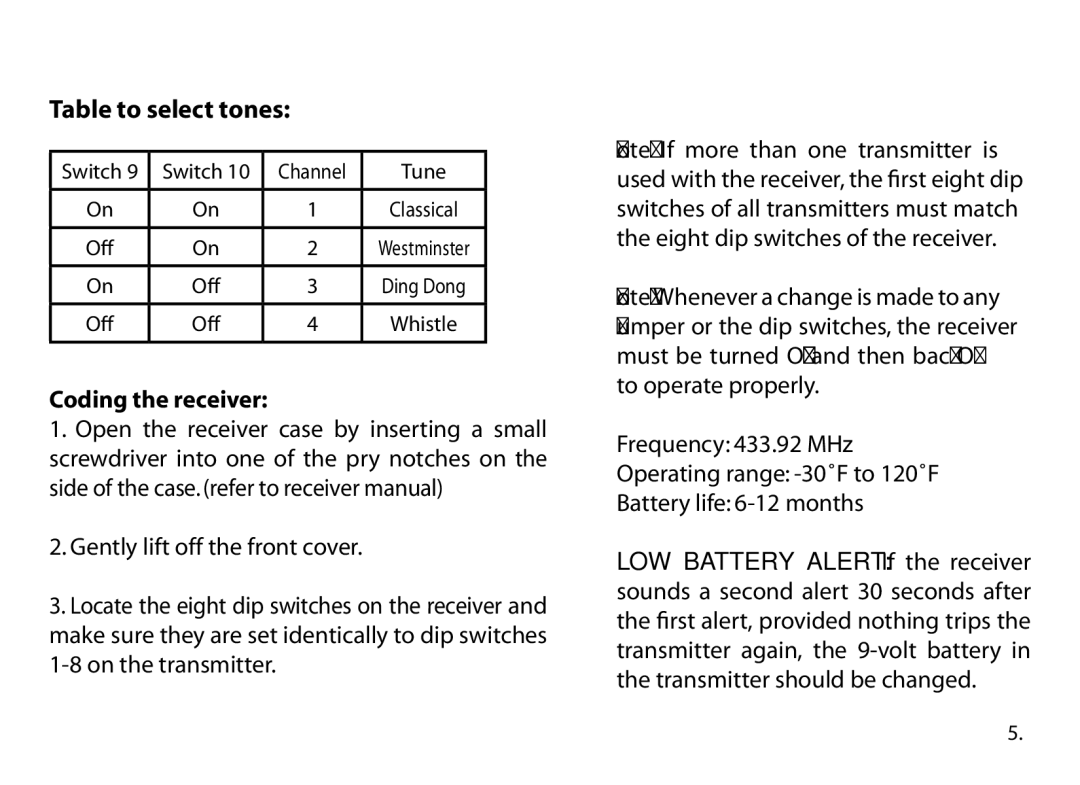 Dakota Alert Dakota Alert,Inc. Wireless Rubber Hose Transmitter, DCHT-2500 Table to select tones, Coding the receiver 