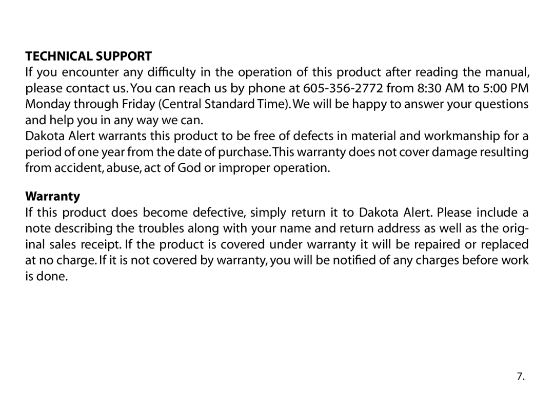 Dakota Alert Dakota Alert,Inc. Wireless Rubber Hose Transmitter, DCHT-2500 owner manual Technical Support, Warranty 