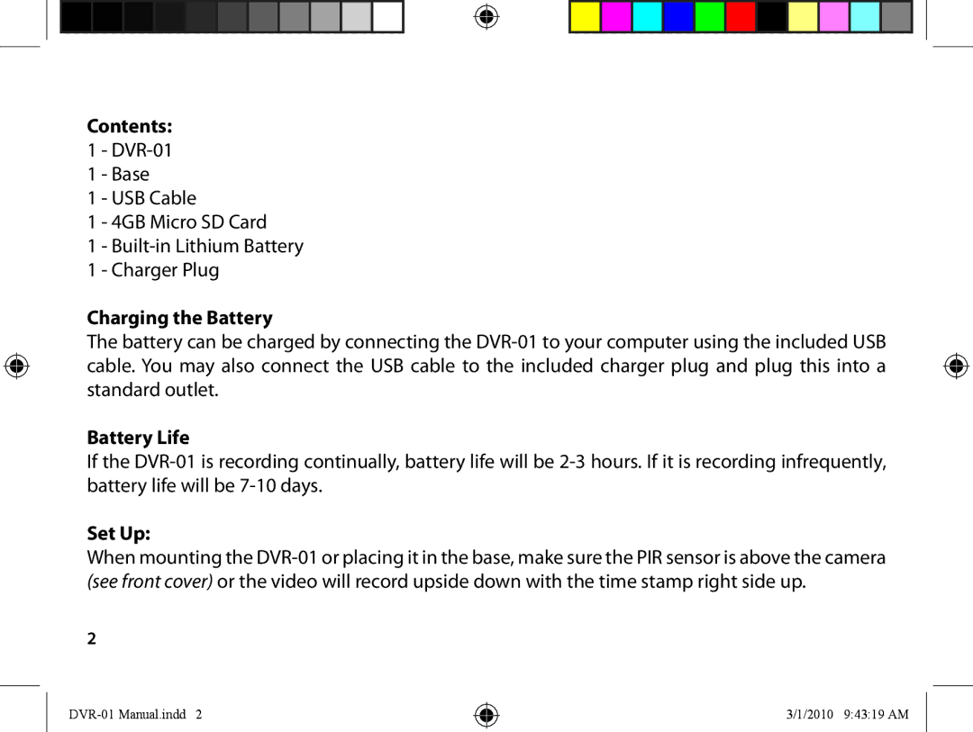 Dakota Alert DVR-01 Digital Video Recorder manual Contents, Charging the Battery, Battery Life, Set Up 