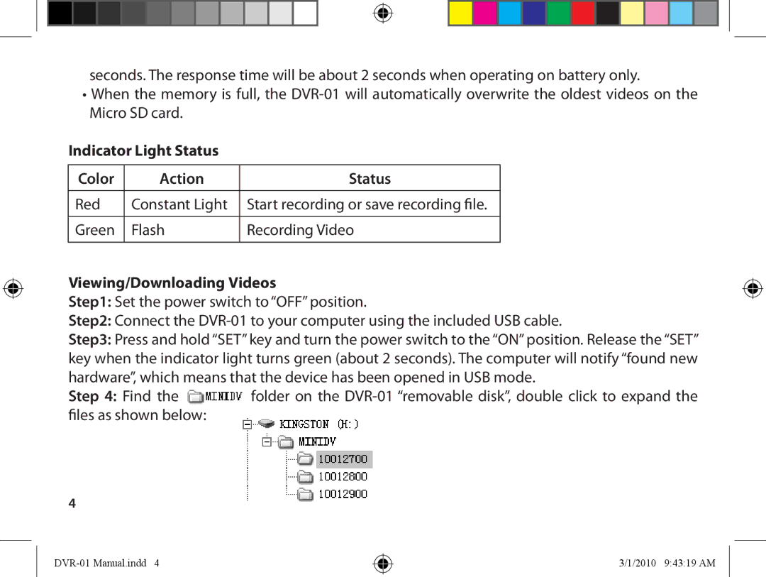 Dakota Alert DVR-01 Digital Video Recorder manual Indicator Light Status Color Action, Viewing/Downloading Videos, Find 