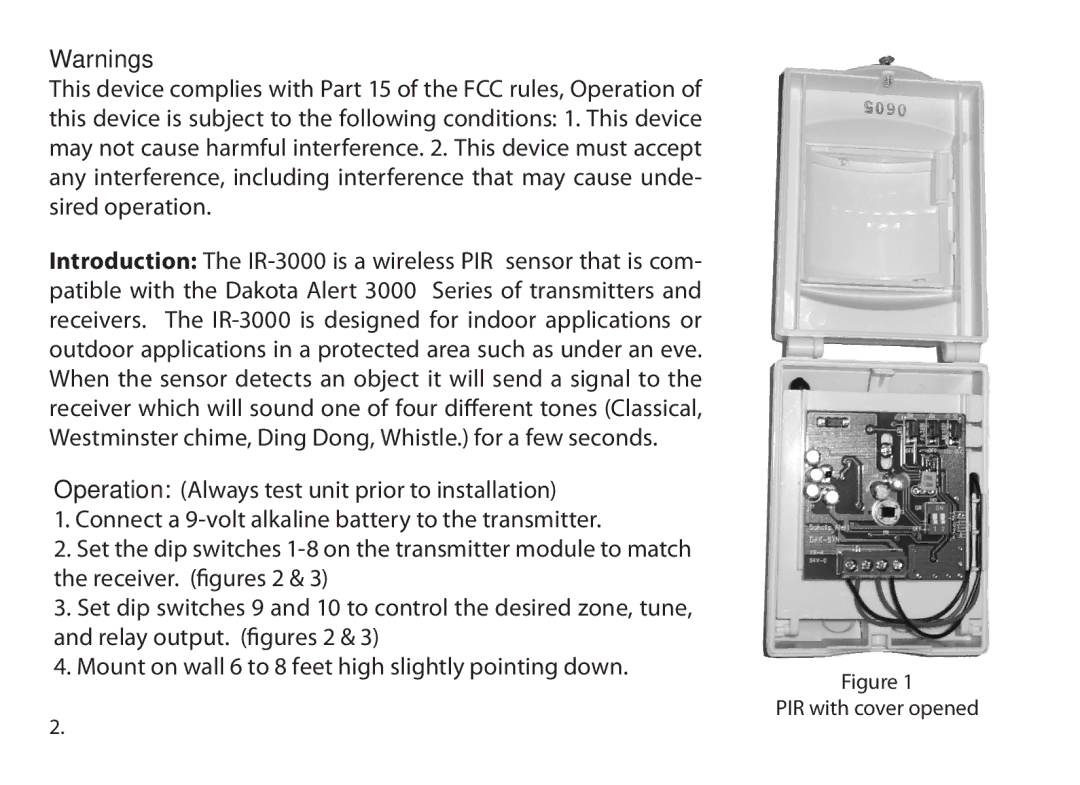 Dakota Alert ir-3000, dakota alert,inc. wireless pir sensor owner manual PIR with cover opened 