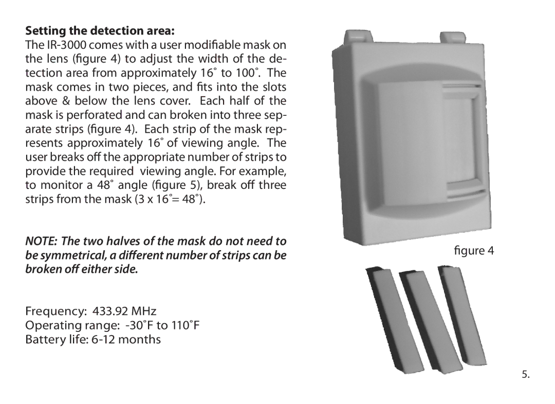 Dakota Alert dakota alert,inc. wireless pir sensor, ir-3000 owner manual Setting the detection area 