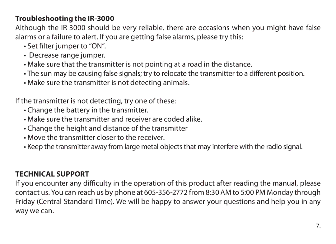 Dakota Alert dakota alert,inc. wireless pir sensor, ir-3000 owner manual Troubleshooting the IR-3000, Technical Support 