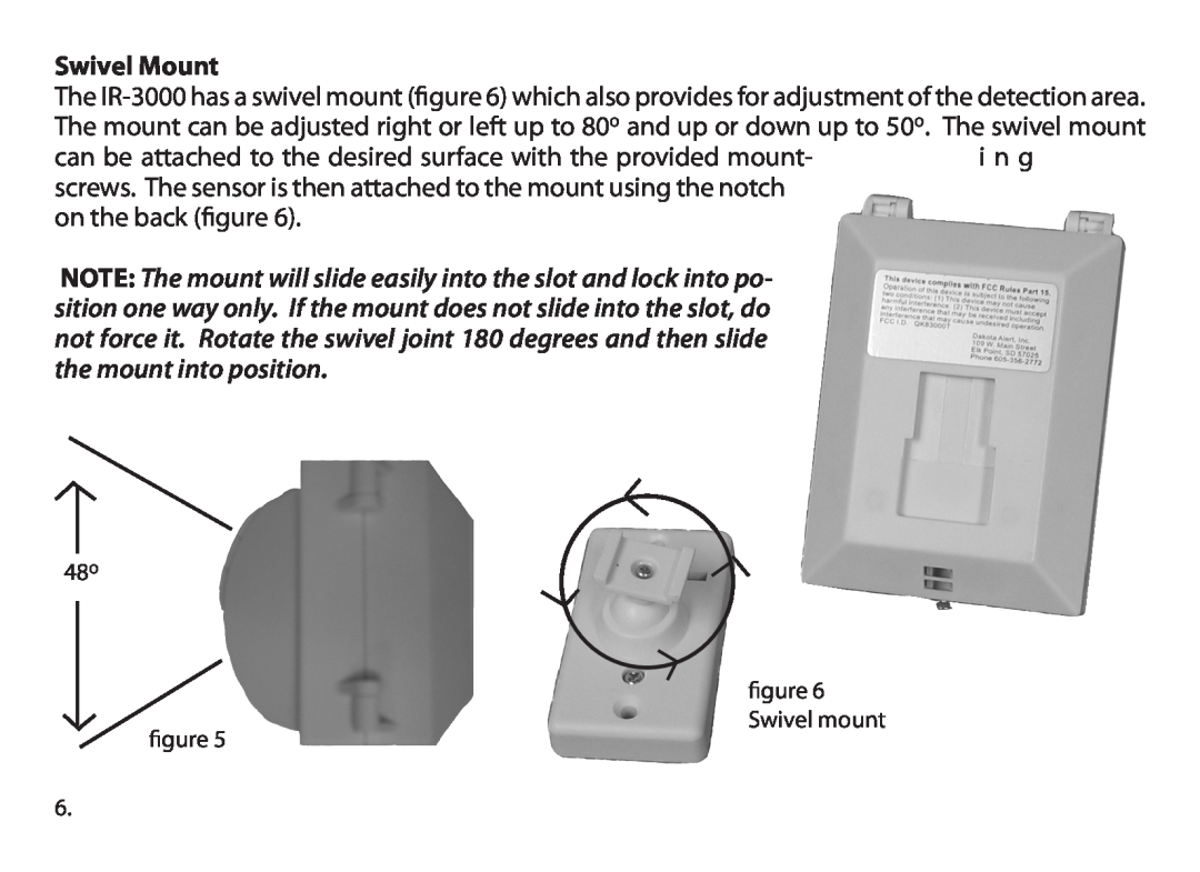 Dakota Alert ir-3000, dakota alert,inc. wireless pir sensor owner manual Swivel Mount, on the back figure 