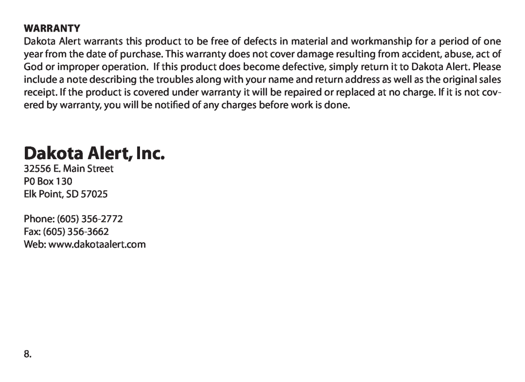 Dakota Alert ir-3000, dakota alert,inc. wireless pir sensor owner manual Dakota Alert, Inc, Warranty 