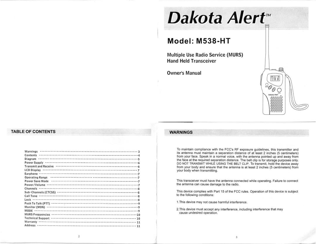 Dakota Alert Multiple Use Radio Serice (MURS) Hand Held Transceiver, M538-HT manual 