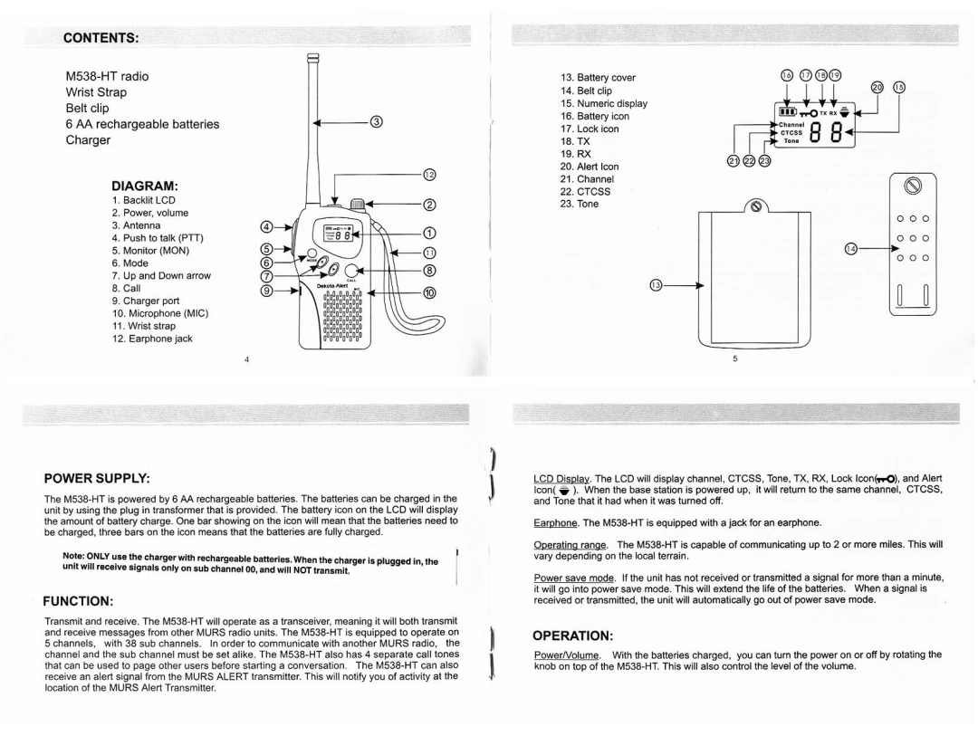 Dakota Alert M538-HT, Multiple Use Radio Serice (MURS) Hand Held Transceiver manual 