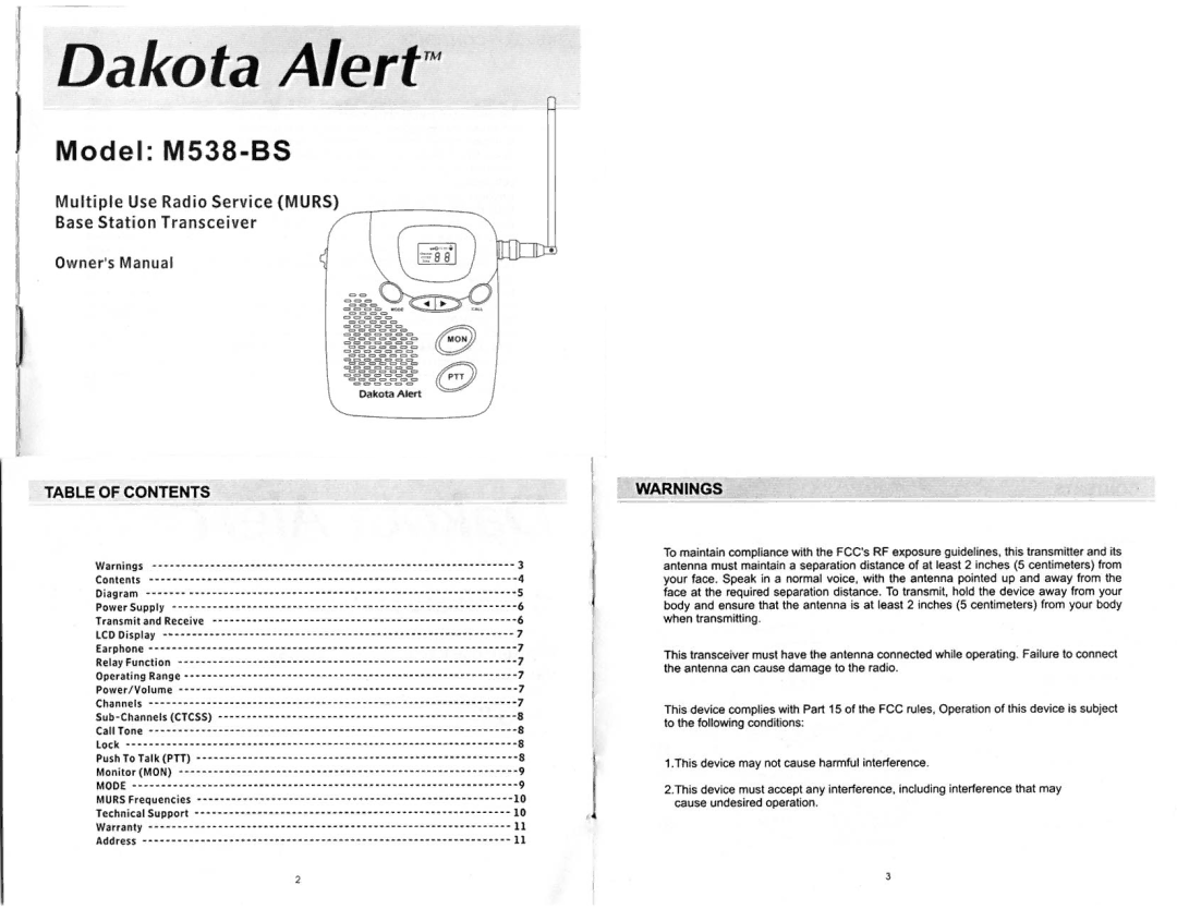 Dakota Alert Multiple Use Radio Service (MURS) Base Station Tranceiver, M538-BS manual 