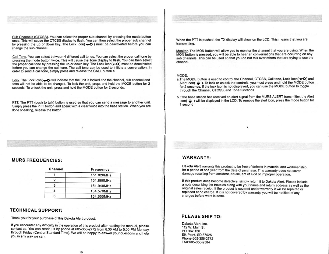 Dakota Alert Multiple Use Radio Service (MURS) Base Station Tranceiver, M538-BS manual 