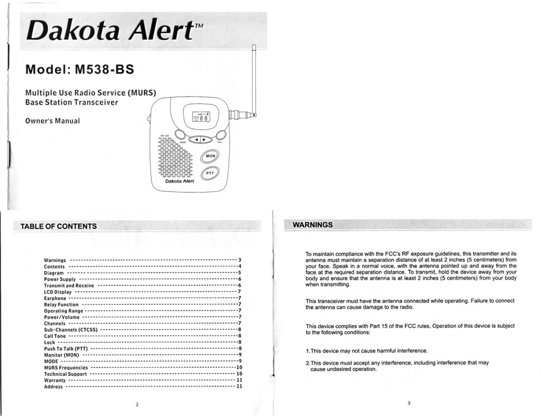 Dakota Alert Multiple Use Radio Service (MURS) Base Station Tranceiver, M538-BS manual 