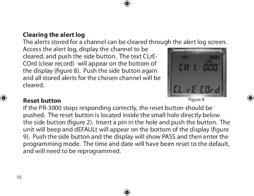 Dakota Alert PR-3000, Portable Receiver owner manual Clearing the alert log, Reset button 