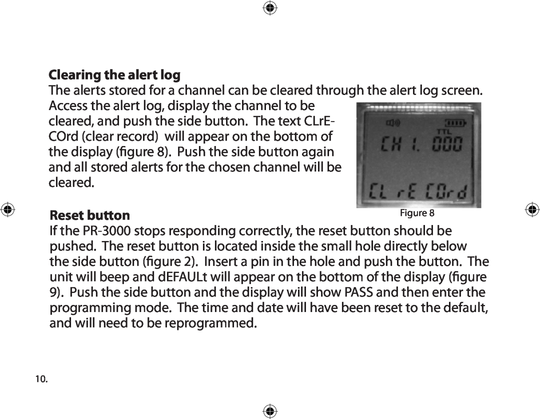 Dakota Alert PR-3000, Portable Receiver owner manual Clearing the alert log, Reset button 