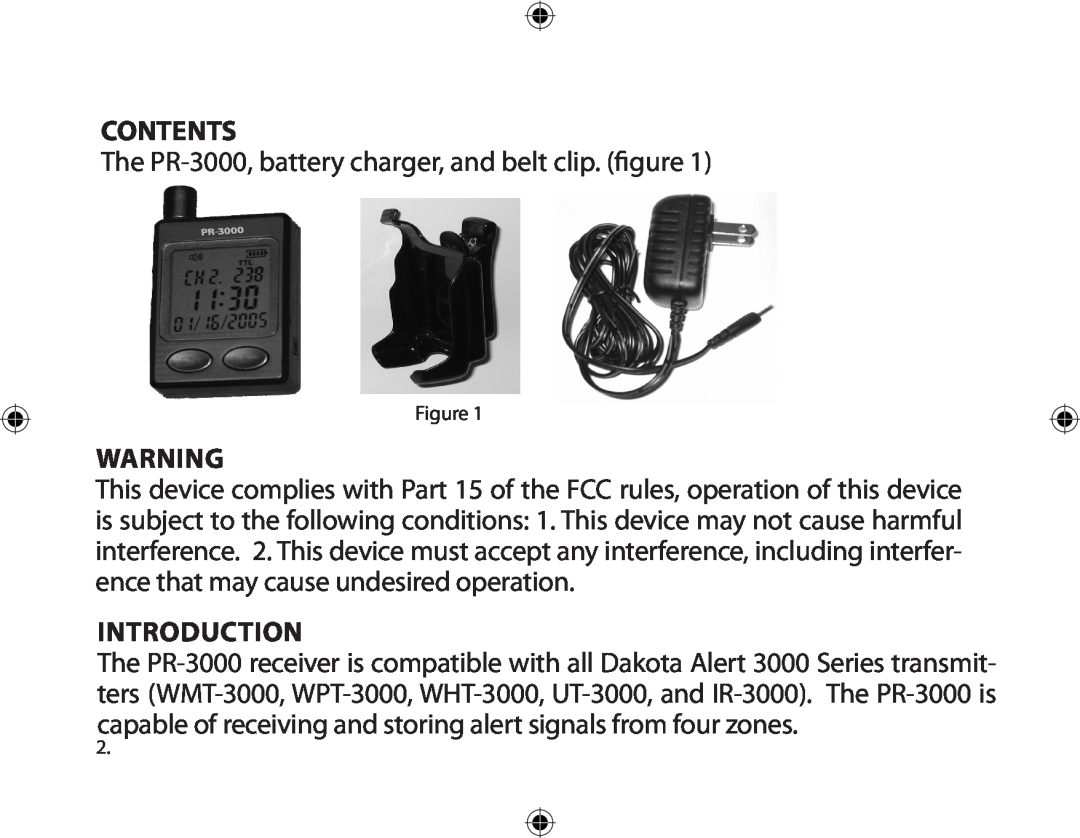 Dakota Alert Portable Receiver owner manual Contents, Introduction, The PR-3000,battery charger, and belt clip. ﬁgure 