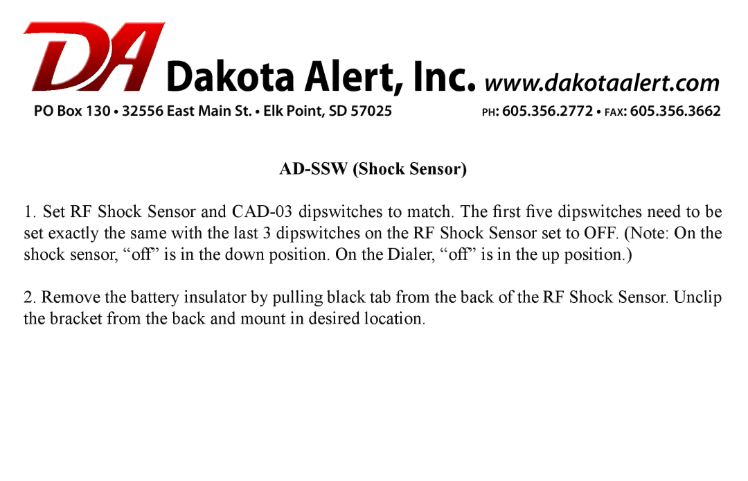 Dakota Alert manual AD-SSW Shock Sensor 