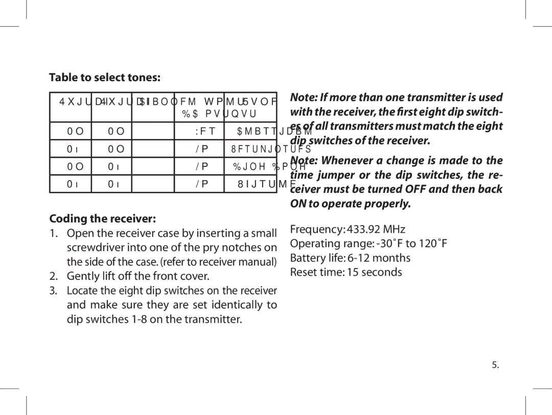 Dakota Alert WHT-3000 owner manual Table to select tones, Coding the receiver 