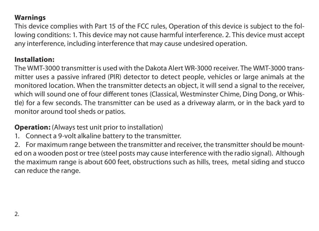 Dakota Alert WMT-3000, Wireless Transmitter owner manual Installation 