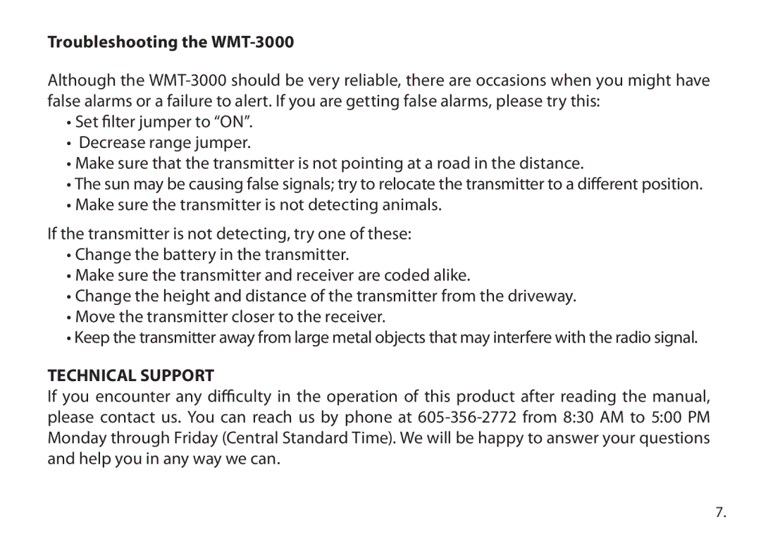 Dakota Alert Wireless Transmitter owner manual Troubleshooting the WMT-3000, Technical Support 