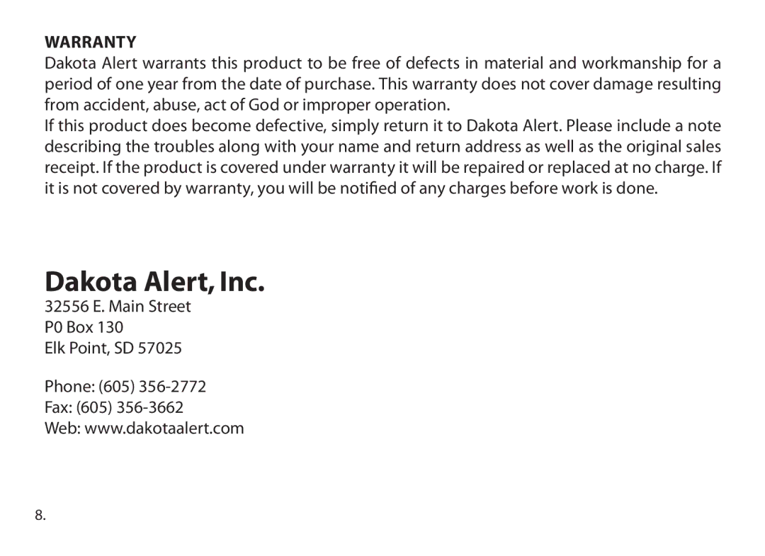 Dakota Alert WMT-3000, Wireless Transmitter owner manual Warranty 