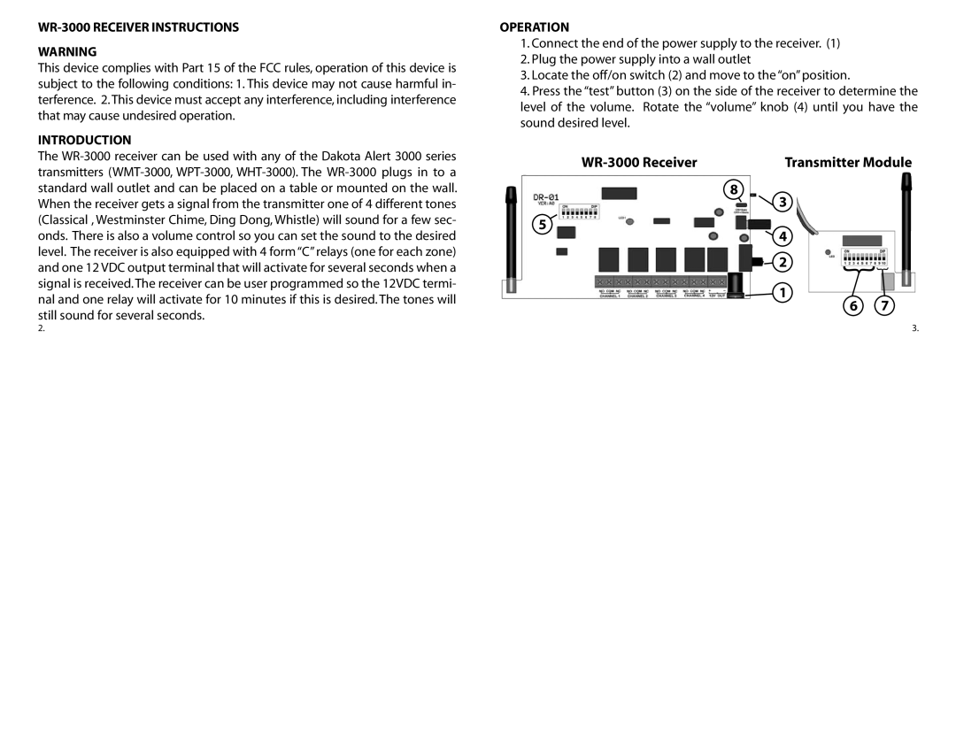 Dakota Alert owner manual WR-3000 Receiver Instructions, Introduction, Operation 