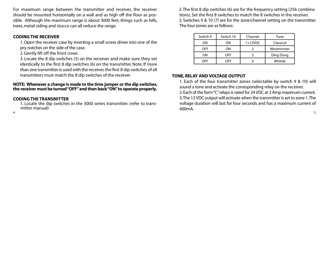 Dakota Alert WR-3000 owner manual Coding the Receiver, Coding the Transmitter, TONE, Relay and Voltage Output 