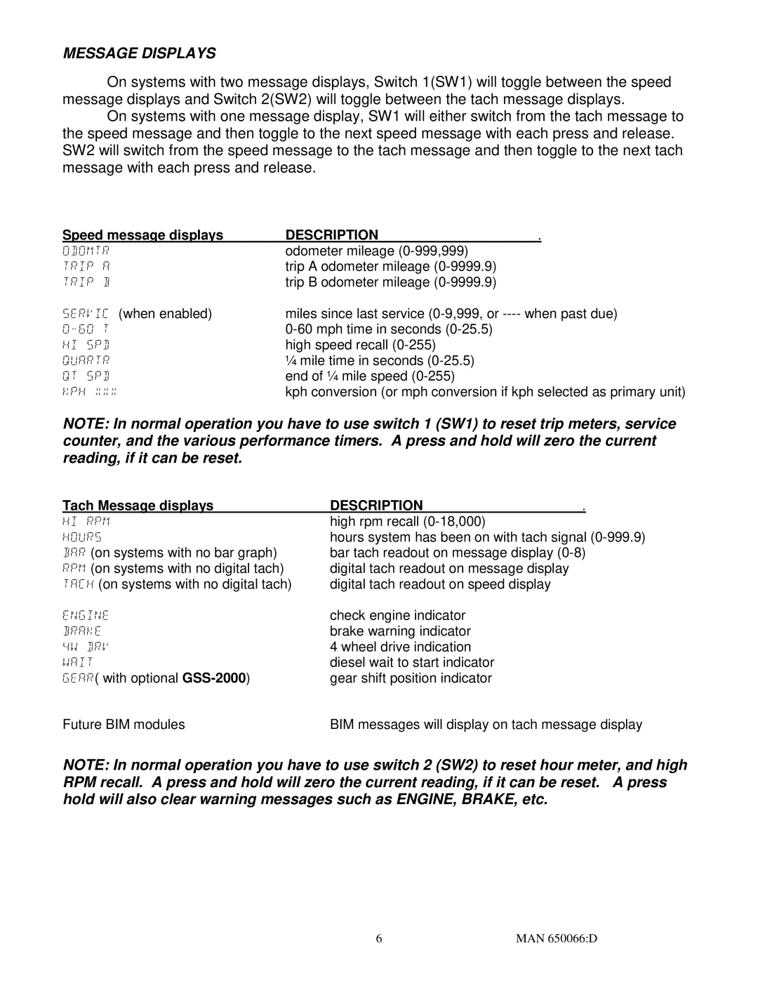 Dakota Digital 3 operation manual Message Displays, Description 