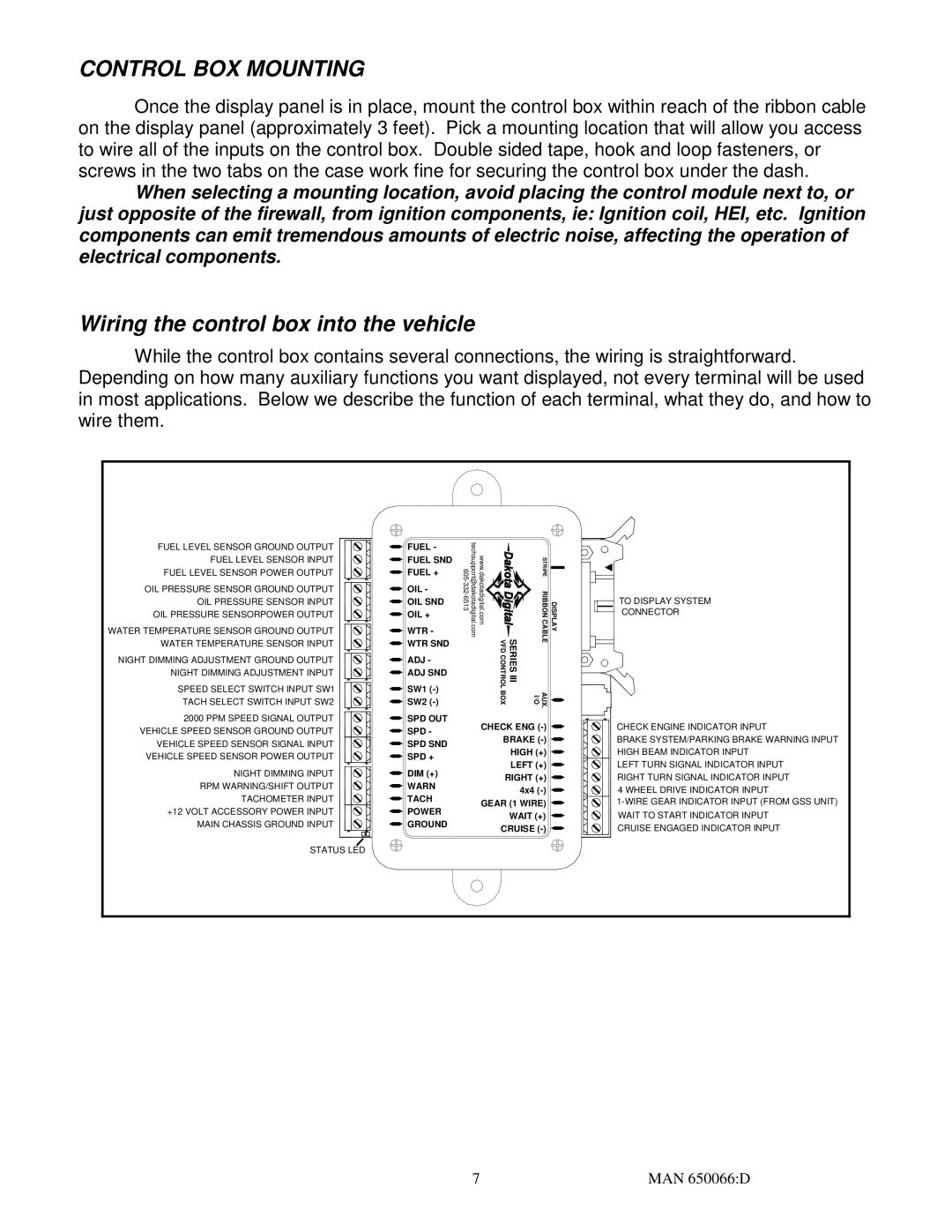 Dakota Digital 3 operation manual Control BOX Mounting, Wiring the control box into the vehicle 