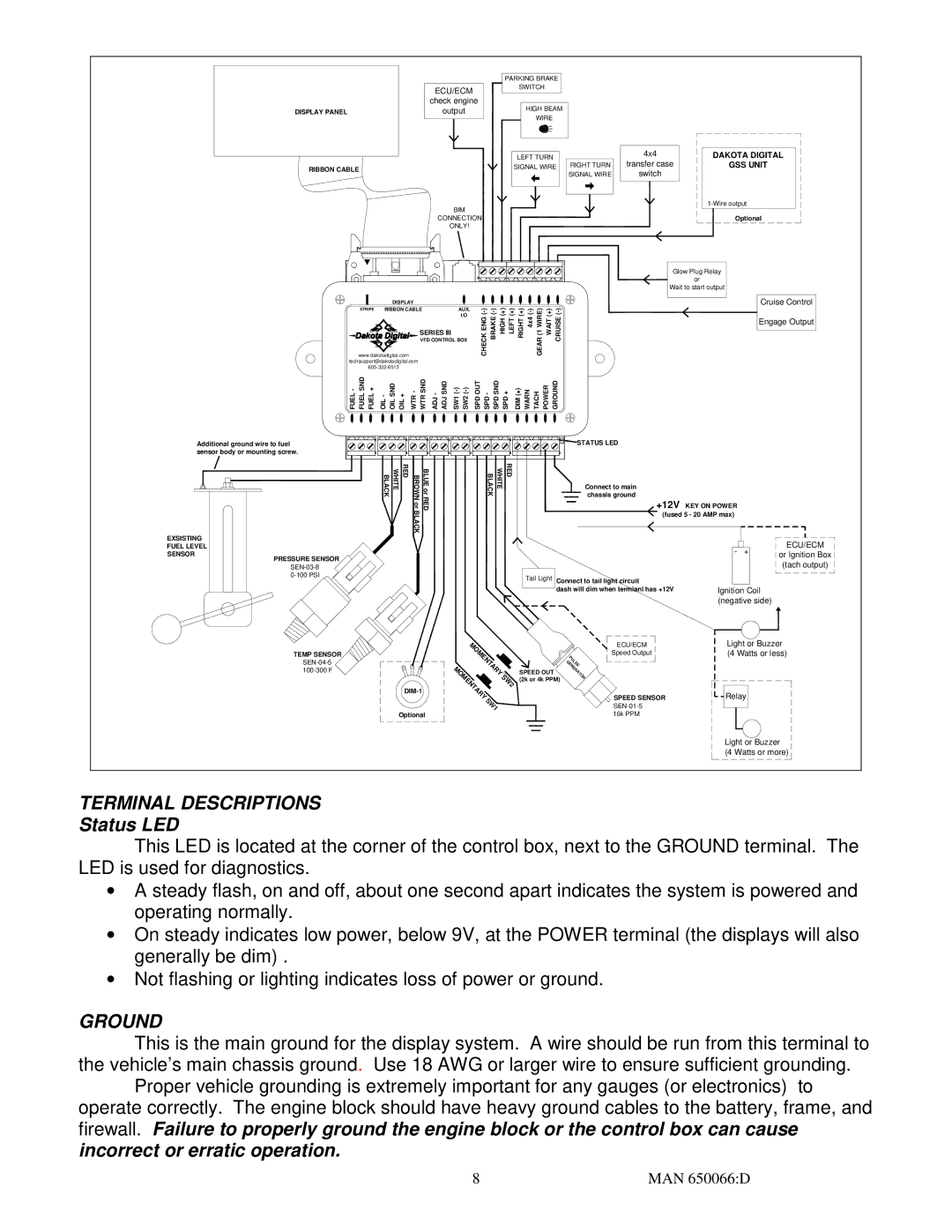 Dakota Digital 3 operation manual Terminal Descriptions, Status LED, Ground 