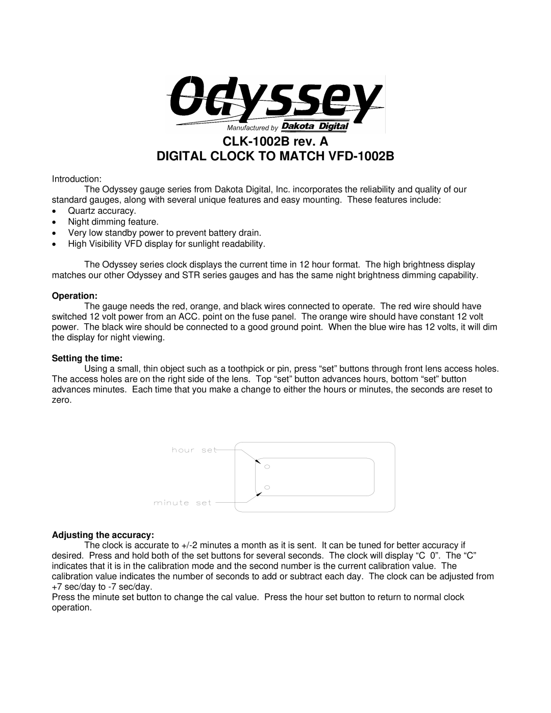 Dakota Digital CLK-1002B manual Operation, Setting the time, Adjusting the accuracy 