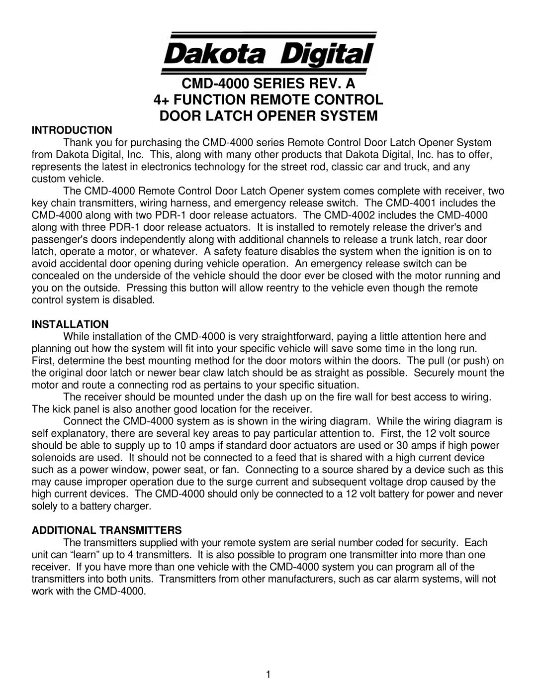 Dakota Digital CMD-4000 manual Introduction, Installation, Additional Transmitters 
