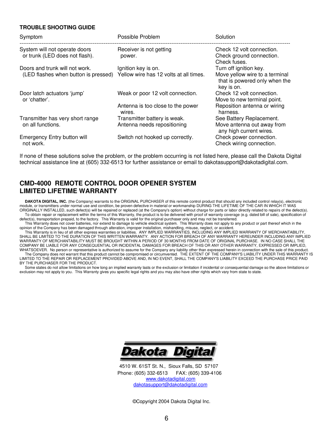 Dakota Digital CMD-4000 manual Trouble Shooting Guide 