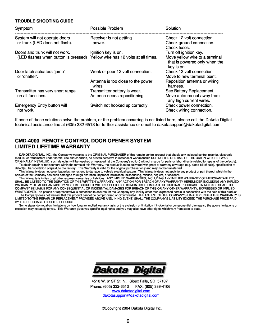 Dakota Digital manual CMD-4000REMOTE CONTROL DOOR OPENER SYSTEM, Limited Lifetime Warranty, Phone 605 332-6513FAX 