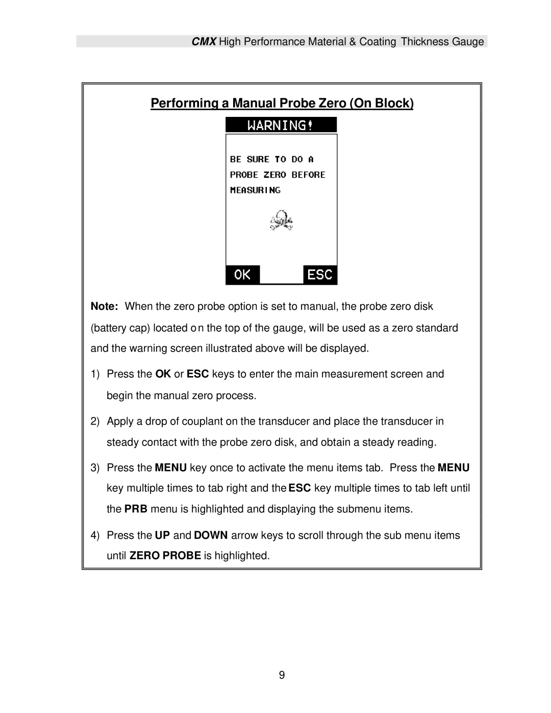 Dakota Digital CMX operation manual Performing a Manual Probe Zero On Block 