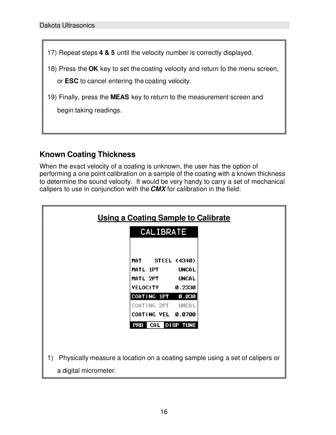 Dakota Digital CMX operation manual Known Coating Thickness, Using a Coating Sample to Calibrate 