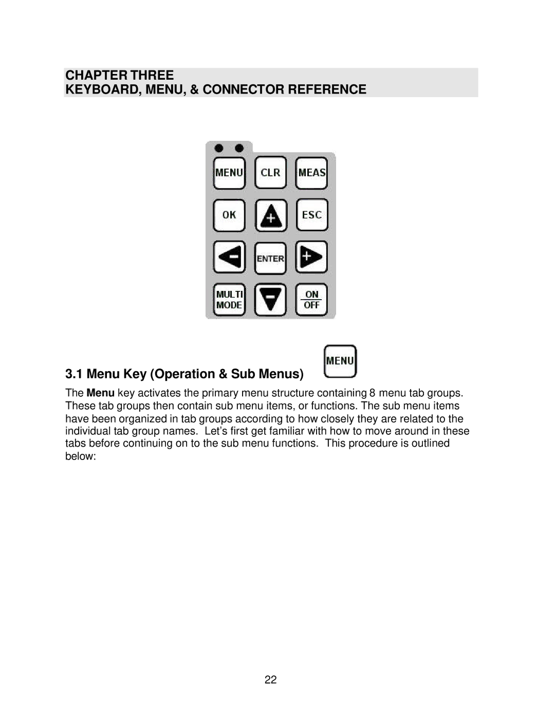 Dakota Digital CMX operation manual Chapter Three KEYBOARD, MENU, & Connector Reference, Menu Key Operation & Sub Menus 