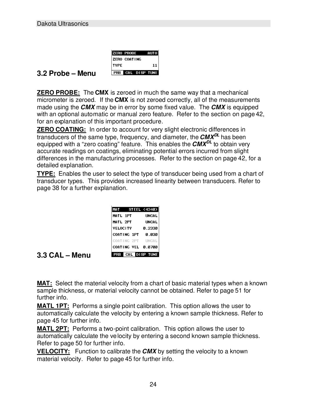 Dakota Digital CMX operation manual Probe Menu, CAL Menu 