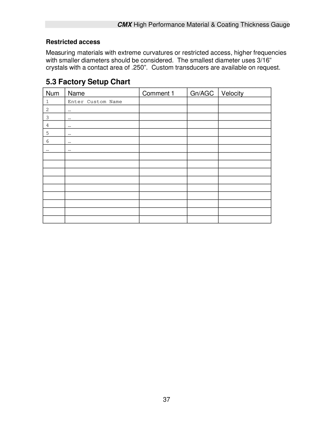 Dakota Digital CMX operation manual Factory Setup Chart, Restricted access 