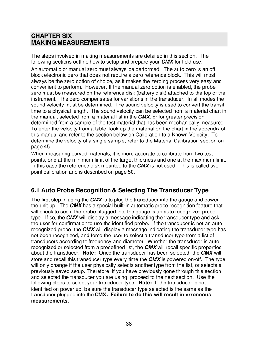 Dakota Digital CMX operation manual Chapter SIX Making Measurements, Auto Probe Recognition & Selecting The Transducer Type 