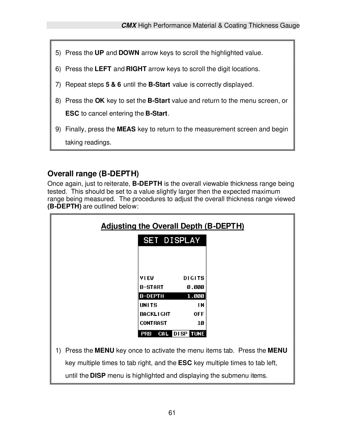 Dakota Digital CMX operation manual Overall range B-DEPTH, Adjusting the Overall Depth B-DEPTH 