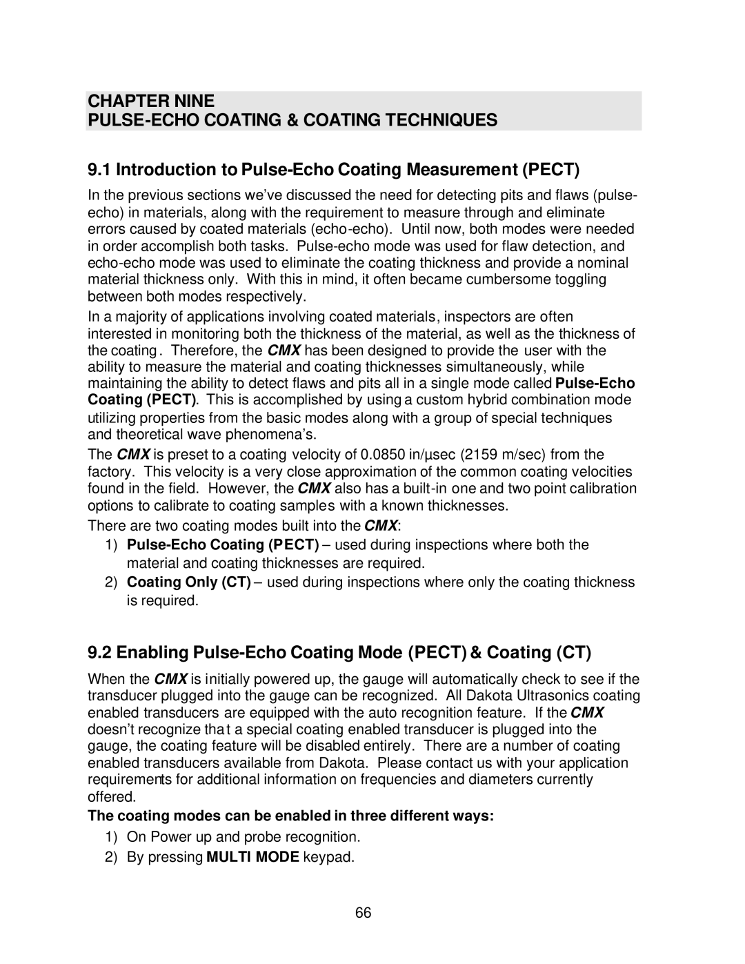 Dakota Digital CMX operation manual Chapter Nine PULSE-ECHO Coating & Coating Techniques 