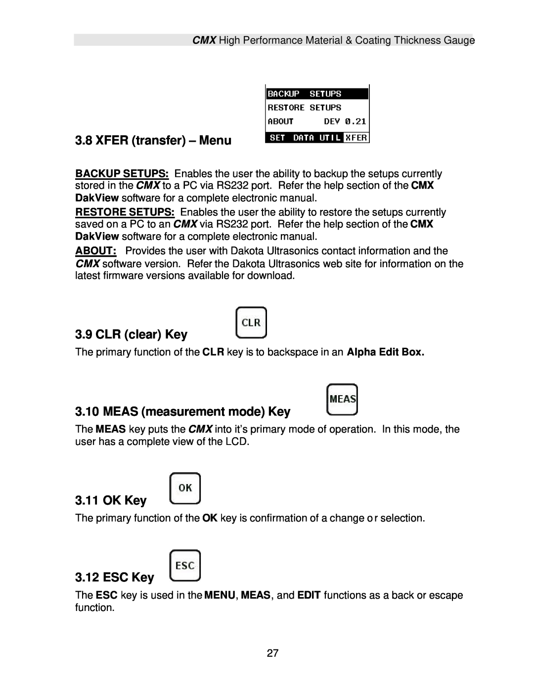 Dakota Digital CMX operation manual XFER transfer - Menu, CLR clear Key, MEAS measurement mode Key, OK Key, ESC Key 