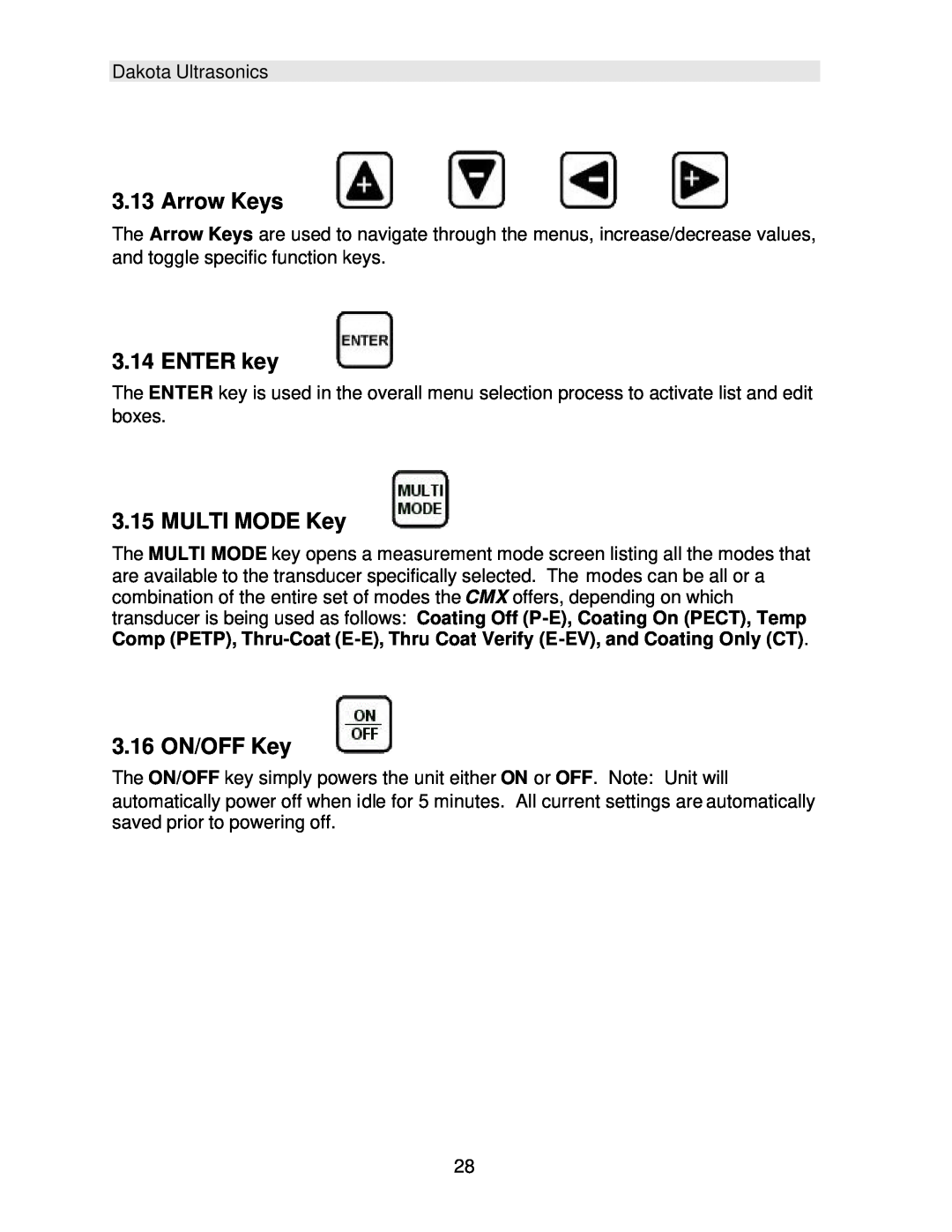 Dakota Digital CMX operation manual Arrow Keys, ENTER key, MULTI MODE Key, 3.16 ON/OFF Key 