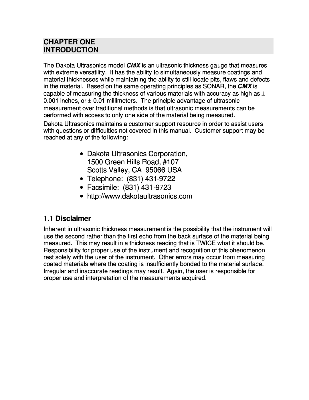 Dakota Digital CMX operation manual Chapter One Introduction, Disclaimer, ∙ Telephone 831 ∙ Facsimile 