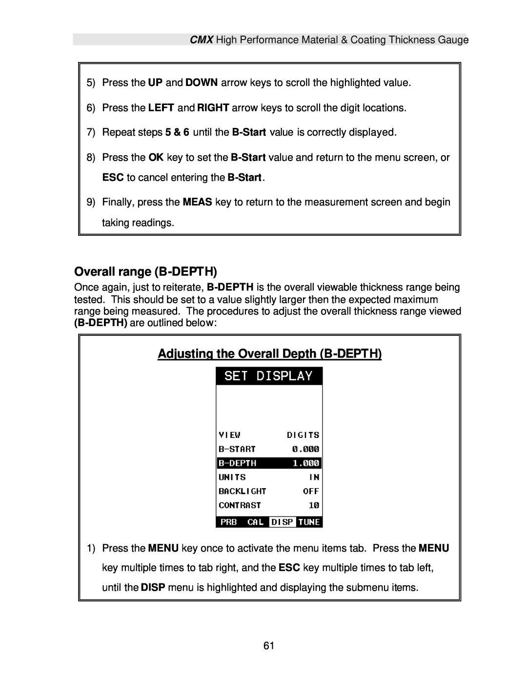 Dakota Digital CMX operation manual Overall range B-DEPTH, Adjusting the Overall Depth B-DEPTH 