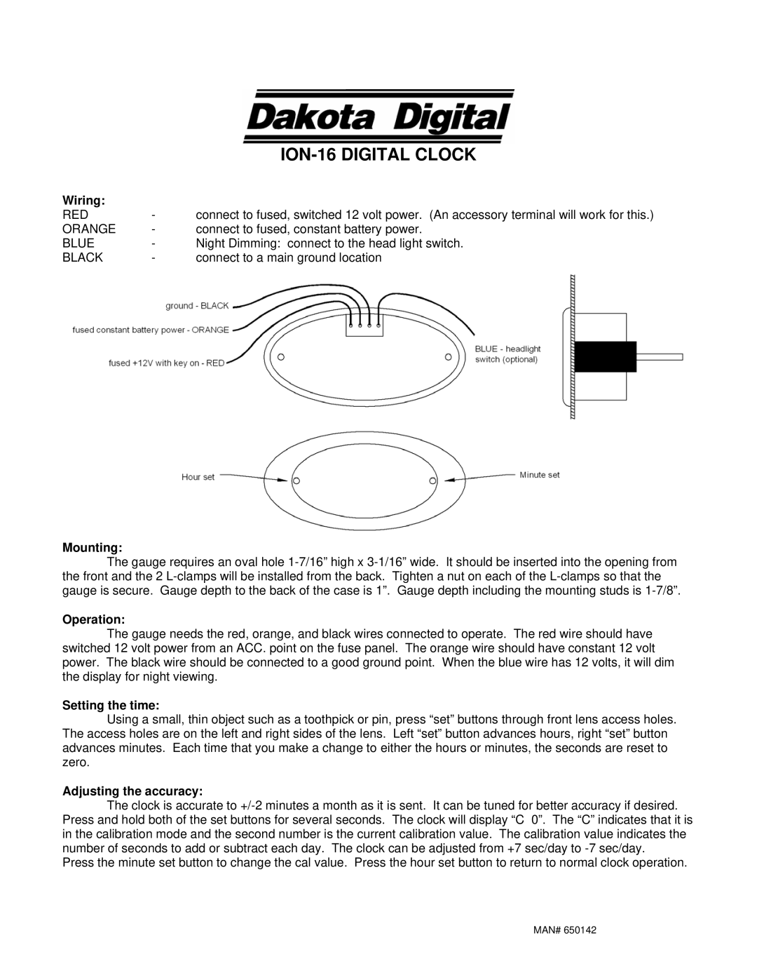 Dakota Digital ION-16 manual Wiring, Mounting, Operation, Setting the time, Adjusting the accuracy 